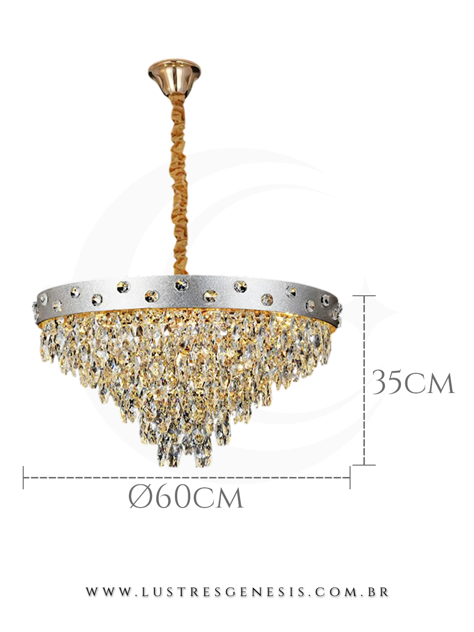 Lustre pendente de cristal dourado e prata redondo Ø60cm modelo Bolty, ideal para mesa de jantar, com detalhes refinados e acabamento luxuoso.